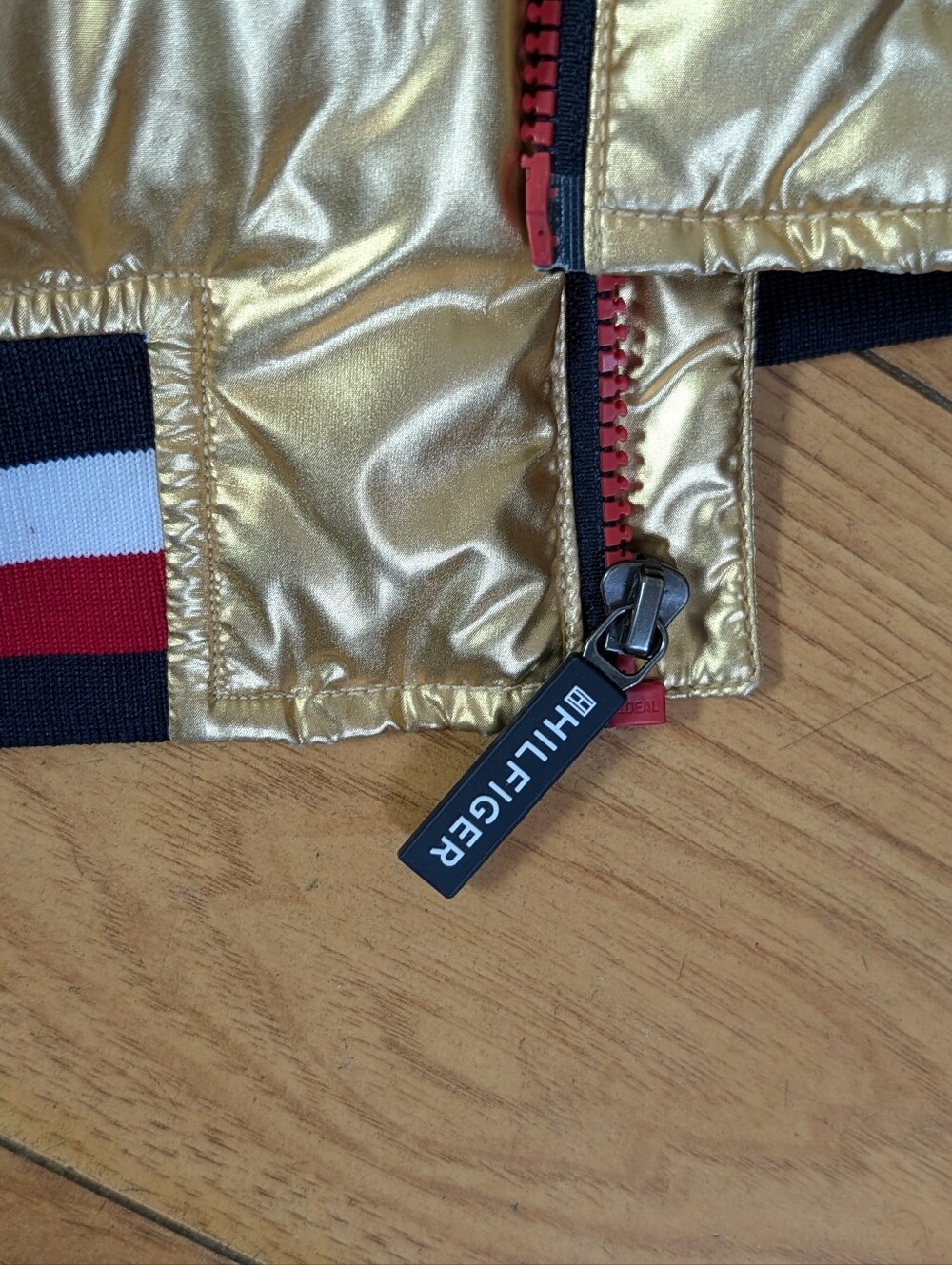 Rare Vtg Tommy Hilfiger Mens Large Gold Black Puffer Jacket Hood - Picture 4 of 8